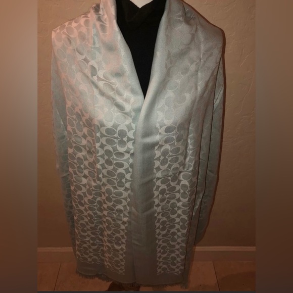 NEW Coach Signature Lightwt Stole/Scarf in Mint/DuckEgg Blue 50%Silk Rare 84x26” - Picture 7 of 16